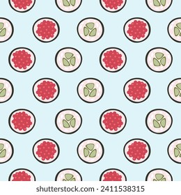 Vector seamless pattern with sushi rolls with cucumber and caviar 