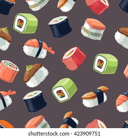 vector seamless pattern of Sushi rolls and japanese sea food. illustration pack with flat color  isolate on dark  background