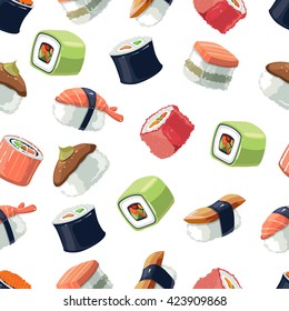 vector seamless pattern of Sushi rolls and japanese sea food. illustration pack with flat color  isolate on light background