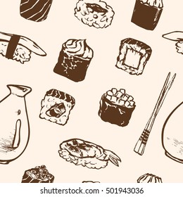 Vector Seamless pattern with Sushi rolls and japanese seafood l with salmon, smoked eel, selective food vector. Asia cuisine restaurant delicious. Illustration for menus, recipes and packages product