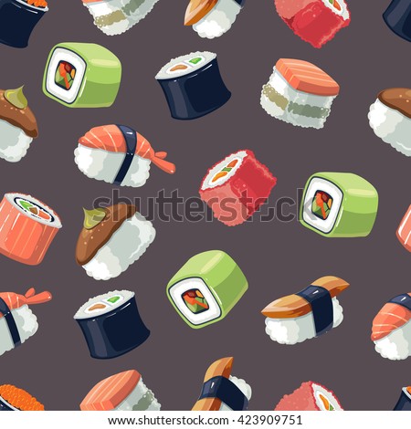 vector seamless pattern of Sushi rolls and japanese sea food. illustration pack with flat color  isolate on dark  background