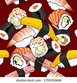 Vector Seamless Pattern, Sushi Set, Japanese Food, Cuisine