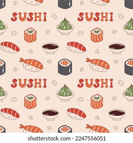 Vector seamless pattern with sushi, soy sauce, wasabi and sushi text in retro style. Maki sushi, sake nigiri, philadelphia roll and ebi nigiri. Background with japanese food 70s.