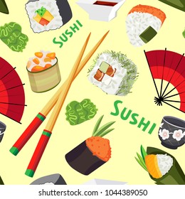 Vector seamless pattern of sushi, sticks, cups for sake and fans. On a pastel yellow background