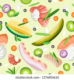 Vector seamless pattern of sushi and vegetables ingredients. Pastel yellow-green background