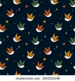 Vector seamless pattern with swallow birds and stars. Elegant repeated texture with flying birds. Retro print with flock of martins for fabric, wallpaper and wrapping paper.