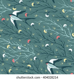 Vector seamless pattern with swallow birds and floral background. 