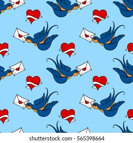 vector seamless pattern with swallow birds and hearts, made in old school tattoo style. Valentines day or wedding design.