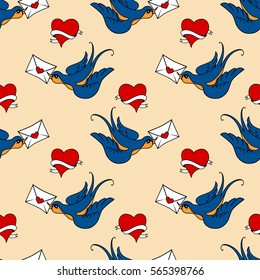 vector seamless pattern with swallow birds and hearts, made in old school tattoo style. Valentines day or wedding design.