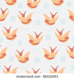 Vector seamless pattern with swallow, clouds and rain drops. Surface pattern design  made in flat style. Seamless texture can be used for wallpapers, pattern fills, web  backgrounds, surface textures.