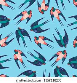 Vector seamless pattern with swallows flying in the blue sky
