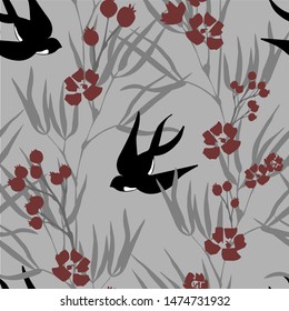 Vector seamless pattern of swallows on grey background, red berries and flowers as accents