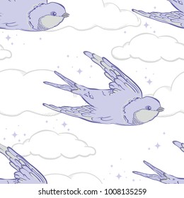 Vector seamless pattern with swallows. Valentine's Day or wedding designs. Cover for notebook or phone. Hand draw illustration.
