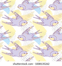 Vector seamless pattern with swallows. Valentine's Day or wedding designs. Cover for notebook or phone. Hand draw illustration.