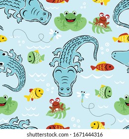 vector seamless pattern of swamp animals cartoon. Crocodile, frog, fishes, dragonfly.