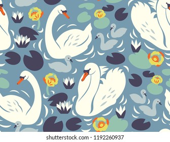 Vector seamless pattern with swan family swimming in the lake with water lilies in vintage style for fabric
