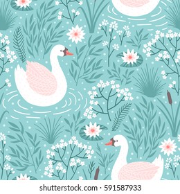 Vector seamless pattern with swan and floral elements. Repeated texture with bird.