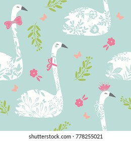 Vector seamless pattern with swan and floral elements. Repeated texture with bird. Fashion design for fabric, wallpaper, textile and decor.