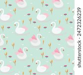 Vector seamless pattern with swans and flowers. Pink repeated texture with birds and water plants. Natural background with cartoon characters.