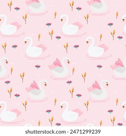 Vector seamless pattern with swans and flowers. Pink repeated texture with birds and water plants. Natural background with cartoon characters.