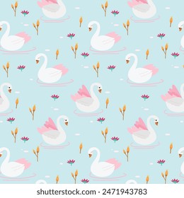Vector seamless pattern with swans and flowers. Pink repeated texture with birds and water plants. Natural background with cartoon characters.