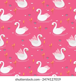 Vector sin costuras con cisnes y flores. Textura rosa repetida con aves y plantas acuáticas. Fondo natural con personajes de dibujos animados.