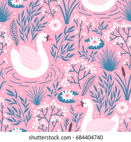 Vector seamless pattern with swans and flowers. Pink repeated texture with birds and water plants. Natural background with cartoon characters.