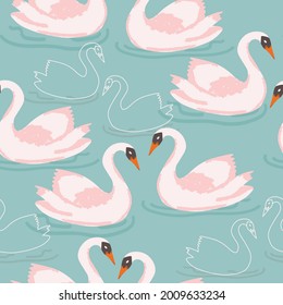 Vector seamless pattern with swans on a lake