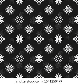 Vector seamless pattern for sweater with white snowflakes on black background. Christmas design for greeting card, gift box, fabric, wallpaper, textile, web design.