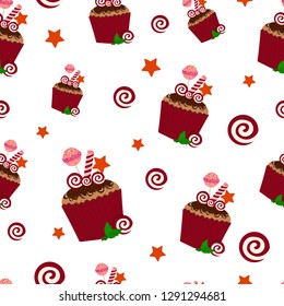 Vector seamless pattern - sweet birthday cake or muffin with candy and lollipop on white background, illustration for textile, fabric, wrapping paper, restaurant menu