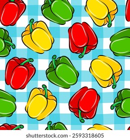 Vector seamless pattern with sweet Bulgarian pepper vegetable, cartoon isolated background wallpaper, doodle outline food drawing. Colorful wallpaper textile print. Fresh organic healthy farm plant.