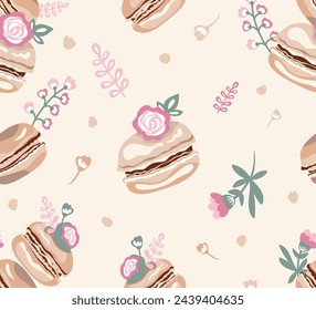 Vector seamless pattern of sweet cakes, delicious desserts. Delicate French macarons on a beige background. Design for printing on textiles, paper, packaging, wrapping paper.