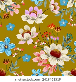 Vector seamless pattern of sweet colorful flowers. On a golden yellow background for fabric and wallpaper. Natural Spring Flower Gift Wrapping Paper