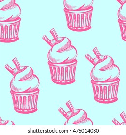 Vector seamless pattern with sweet  cupcake