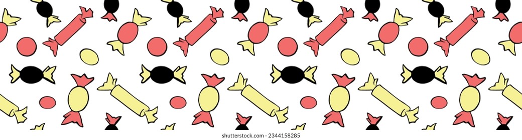 Vector seamless pattern of sweet cute candies. Concept for holidays: Halloween, Christmas, New Year, birthday. Bright children texture for design of menus, printing, wrapping paper