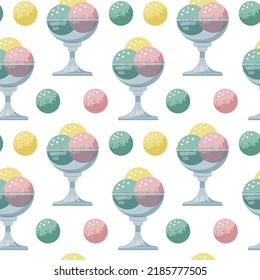 Vector seamless pattern with sweet dessert. Ice cream balls in a glass bowl. Summer tasty food wallpaper. 