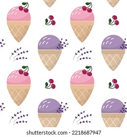 Vector seamless pattern with sweet dessert. Berry ice cream wallpaper. Tasty food texture.