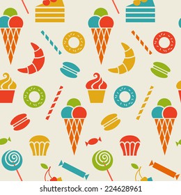 Vector seamless pattern with sweet dessert food. Confectionery texture from sweet-shop, pastry-shop. Cute illustration for print, web
