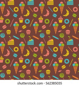 Vector seamless pattern with sweet dessert food. Confectionery texture from sweet-shop, pastry-shop. Cute illustration for print, web.