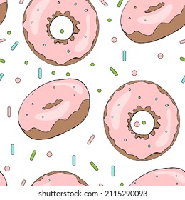 Vector seamless pattern with sweet donuts. Bright, fresh donuts. Vector illustration with sweets.