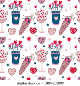 Vektor nahtloses Muster mit süßem Essen für Valentinstag auf weiß. Dessert, Süßigkeiten und herzförmige Kekse. Ideal für Stoffe, Wickelpapiere, Bildschirmhintergründe, Decken. Rosa, rote und indigene Farben.