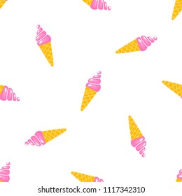 Vector seamless pattern with sweet ice cream. Cute background. Colorful cartoon summer illustration. Dessert print. Ideal for wrapping paper, textile, bedding, fabric.