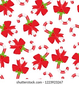 Vector seamless pattern of sweet lollipop with red ribbon and holly. Christmas sugar cane, X-mas candy isolated on white background.