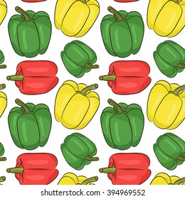 Vector seamless pattern. Sweet pepper red, yellow, green. Paprika. White background