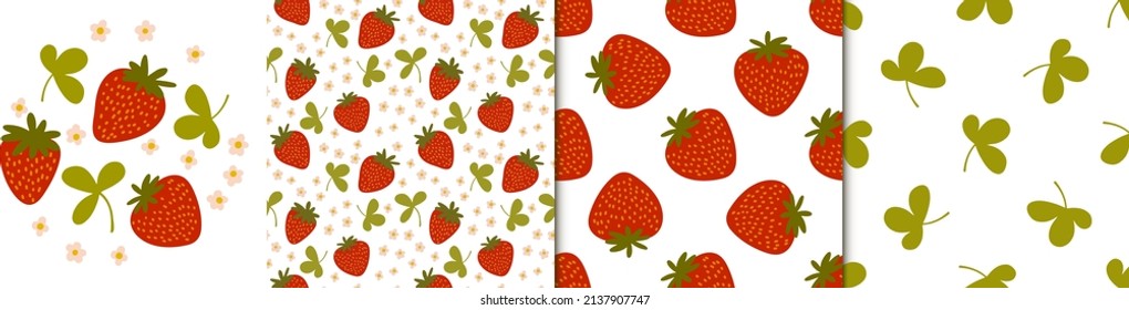 Vector seamless pattern. Sweet red fruit berry with flowers and leaves. Summer background for social media Promotion of food market, local shops. For printing on paper and fabric, banners, wallpaper
