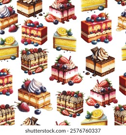 Vector seamless pattern with sweet tasty cakes with whipped cream and fruits on white background