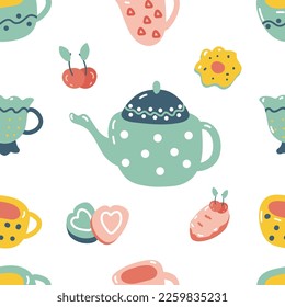 Vector seamless pattern with sweets, cakes, biscotti, cup and teapot