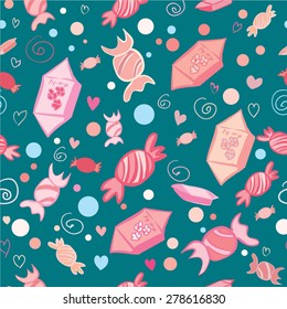 Vector seamless pattern of sweets and candies on green background