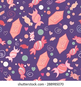 Vector seamless pattern of sweets and candies on dark violet background. Bright colors and doodle elements for your design.