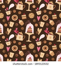 Vector seamless pattern with sweets, chocolate, cupcake, dessert, candy, cookie. Sweet background for candy party, candy bar, birthday party, wrapping paper, etc.